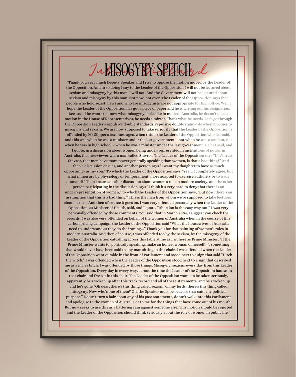 Julia Gillard Famous Misogyny Speech Print