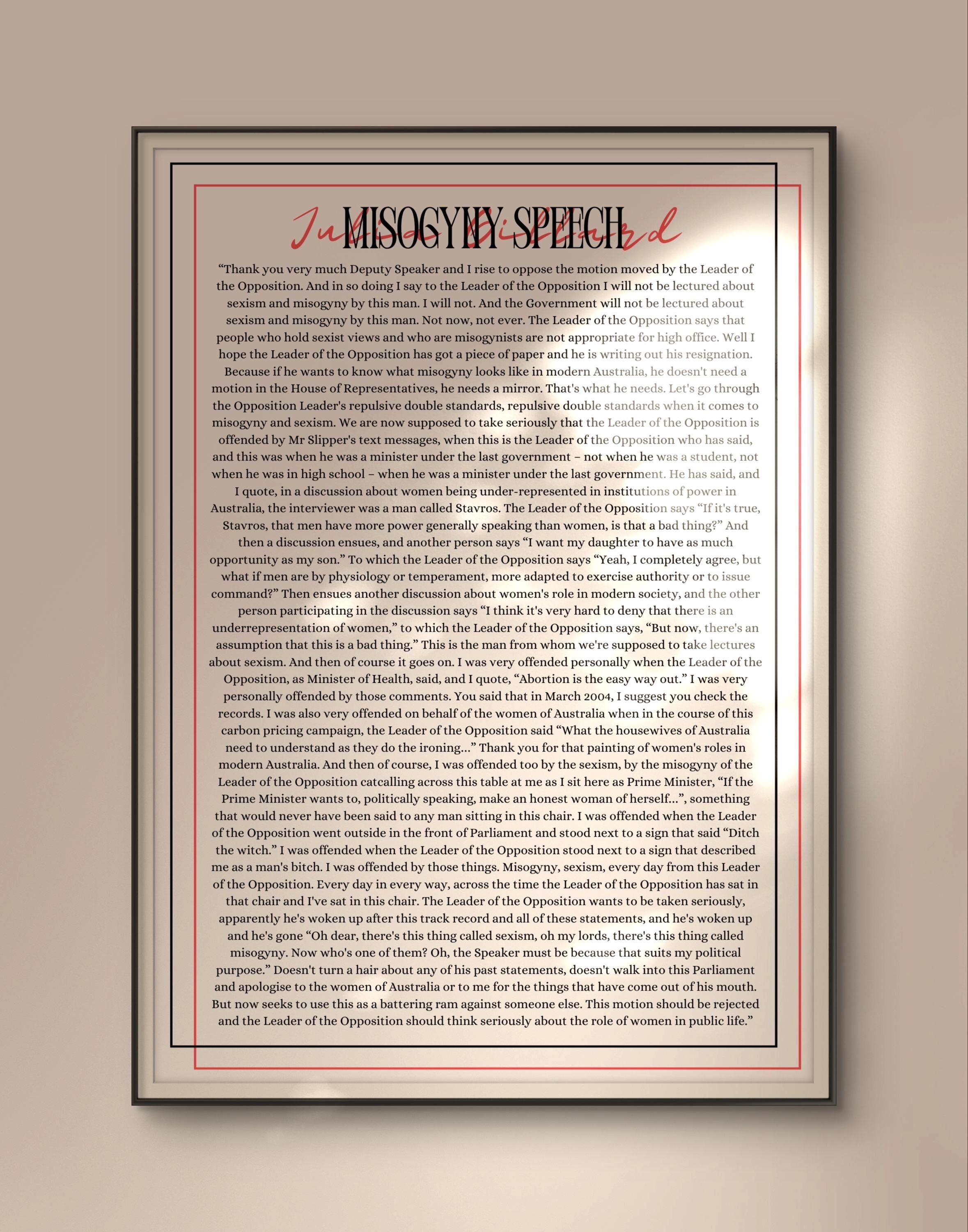 Julia Gillard Famous Misogyny Speech Print